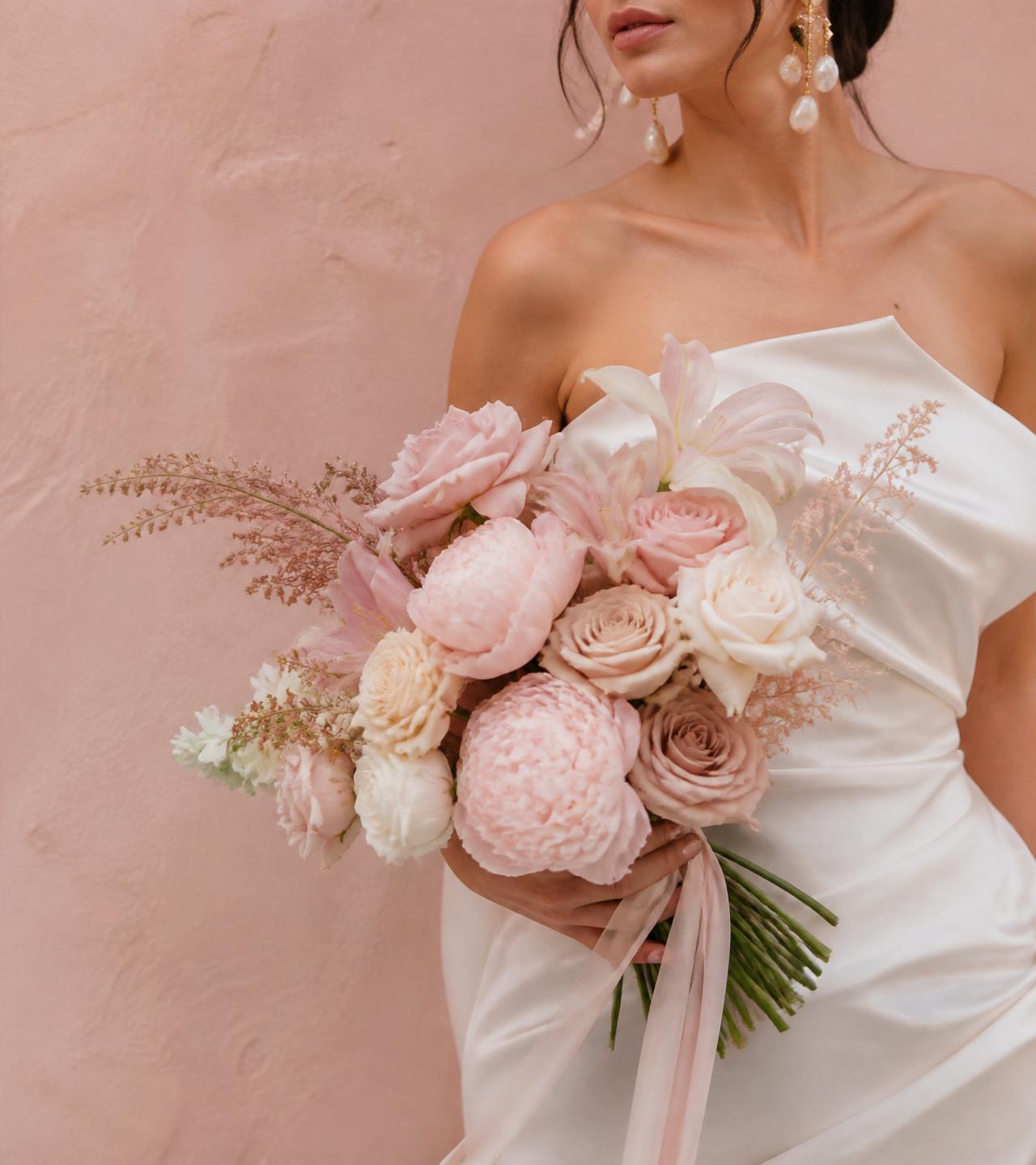 Bride holding a cream and blush bridal bouquet